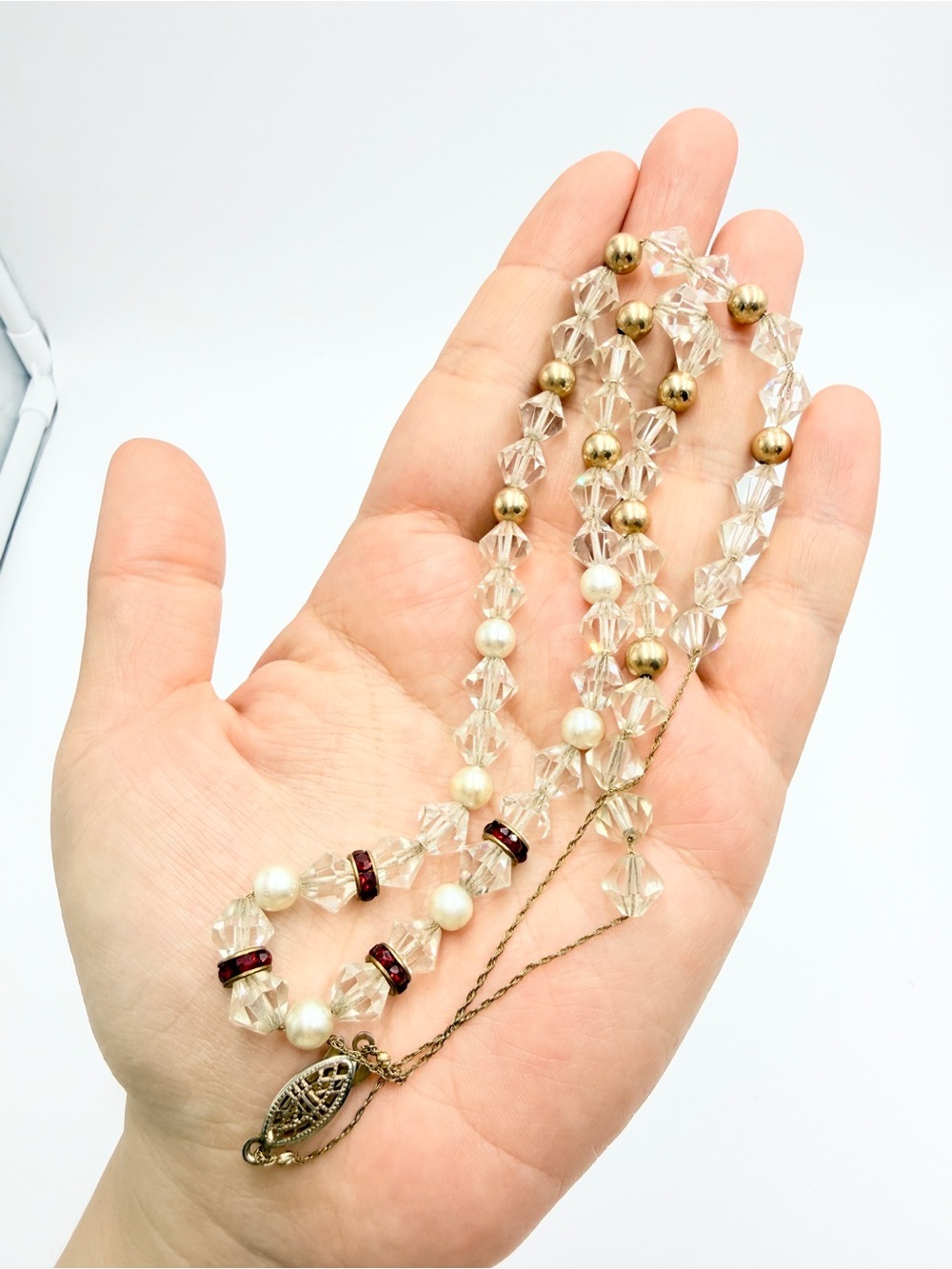 Vintage Crystal Bead Faux Pearl Necklace Gold Tone Accents